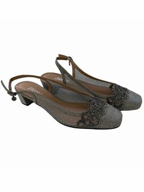 J. Renee‎ Faleece Slingback Pumps 9.5 Pewter Glitter Snow Dot Mesh Block Heel